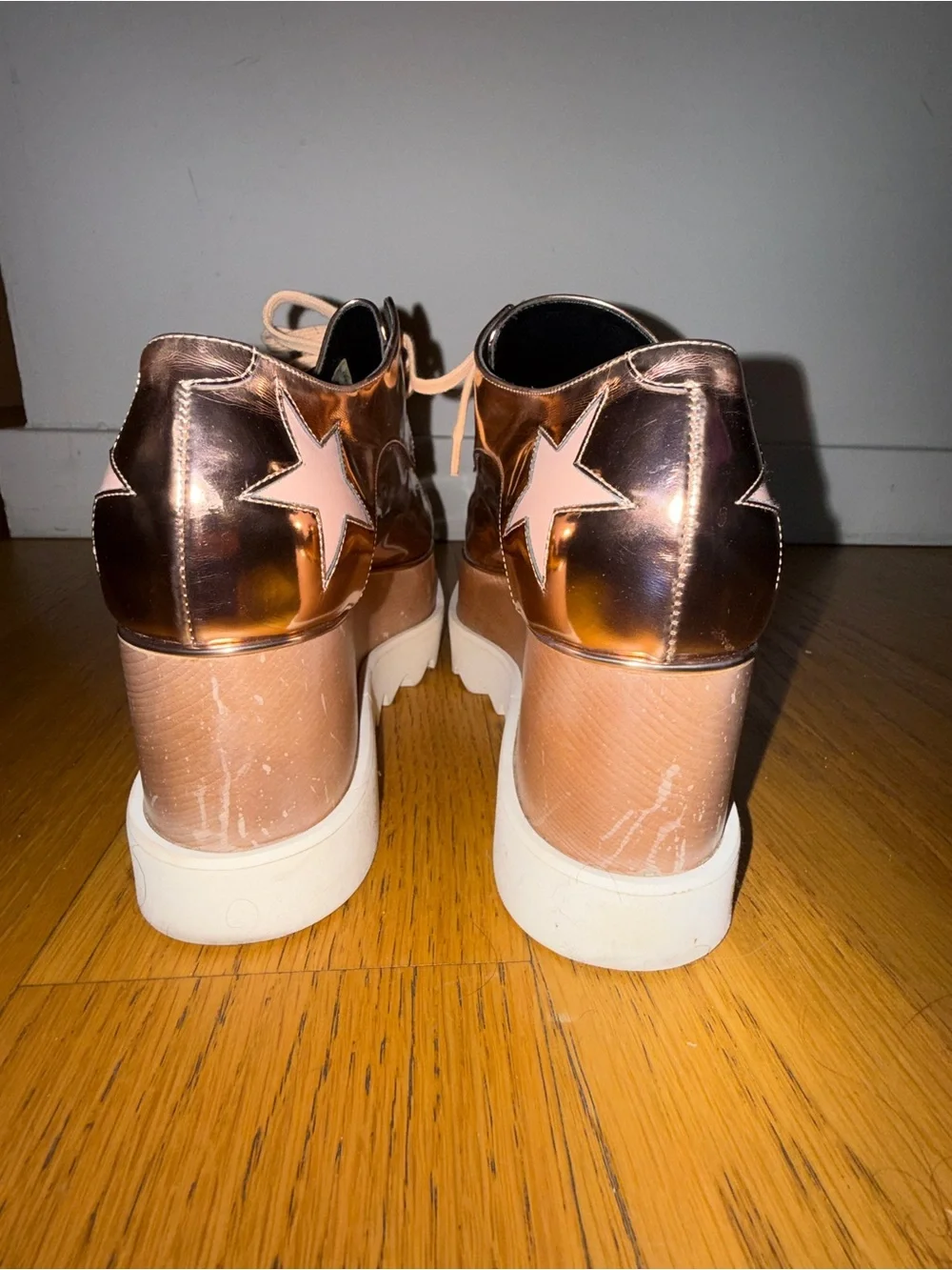 Stella McCartney Metallic Rose Gold Platform Lace-Up Sneakers with Pink Stars